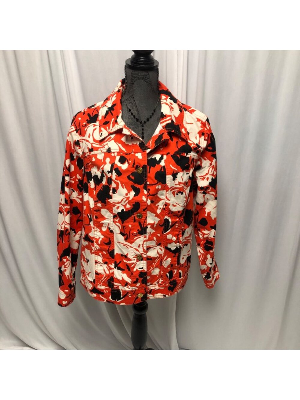 Liz Claiborne Jacket Womens Size 18W Orange Black Floral Button Up Long Sleeve